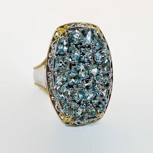 Aquamarine Ring, Sterling Silver, Gold, Size 10, Massive, Prong Set, Ornate